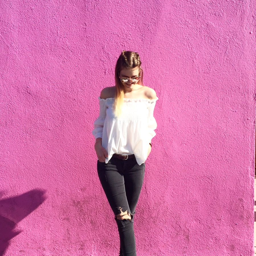 Vanessa in front of the infamous pink wall on Melrose Avenue, LA, California!